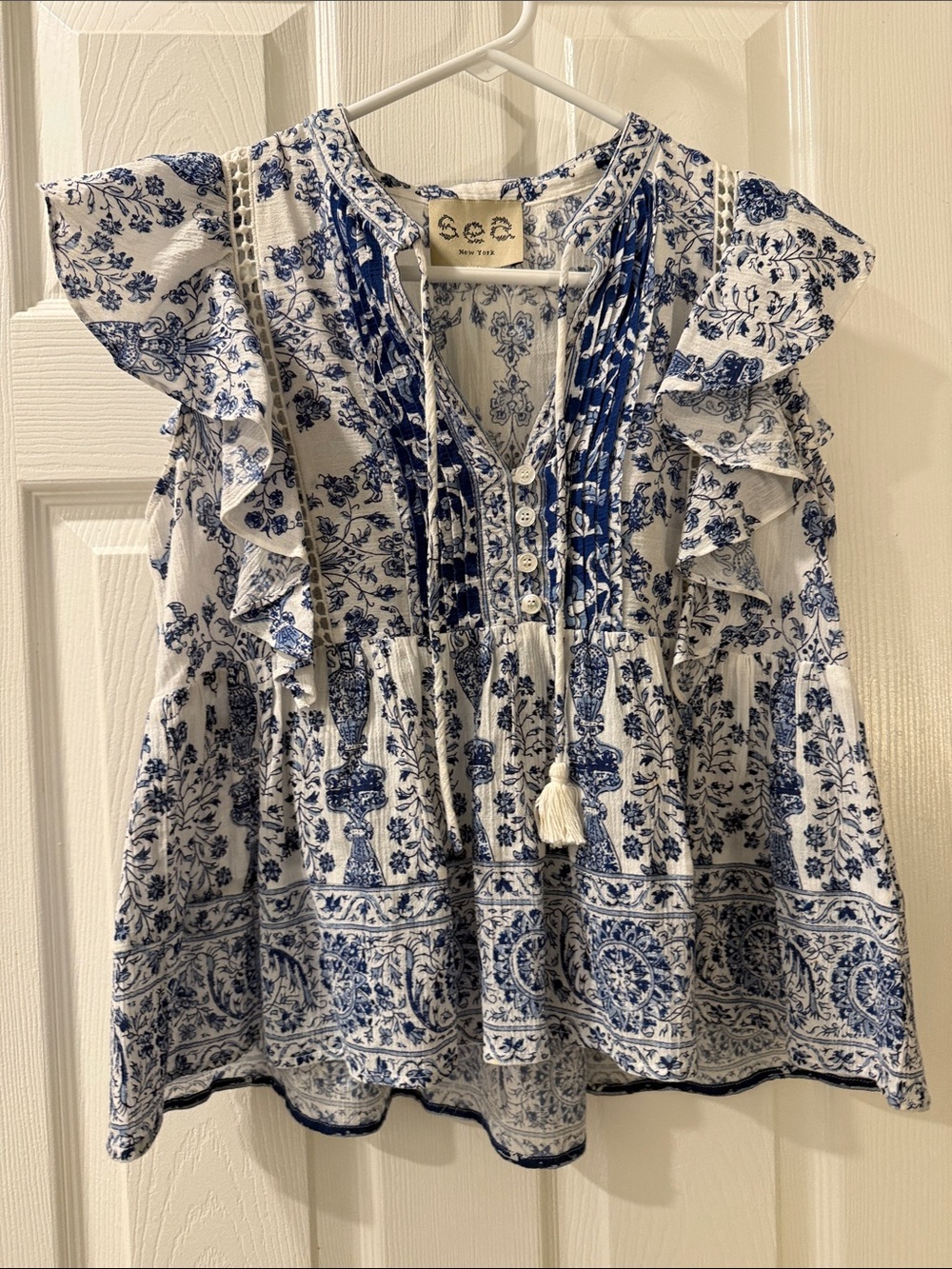 Sea New York Blue & White Floral Ruffle Sleeveless Top Sz 0